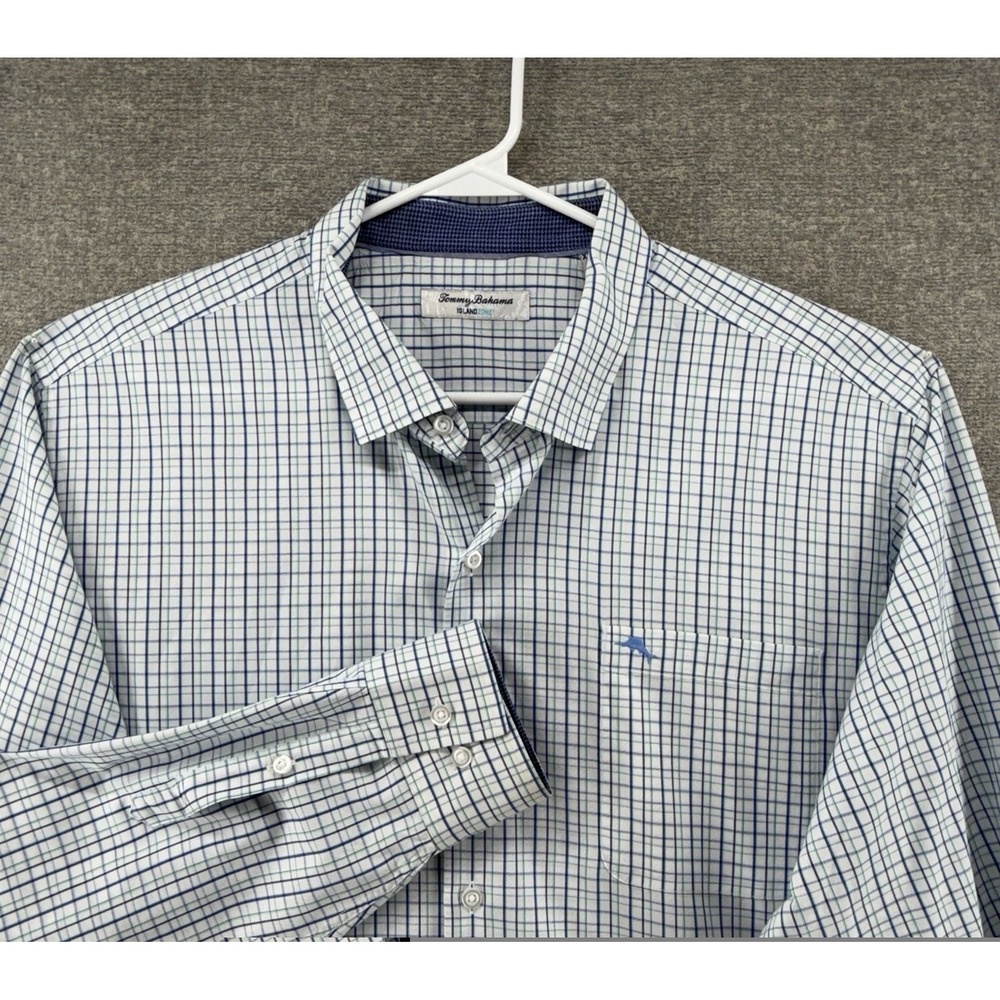 Tommy Bahama Island Zone Shirt Men Size XXL White Plaid Blue Green Long Sleeve